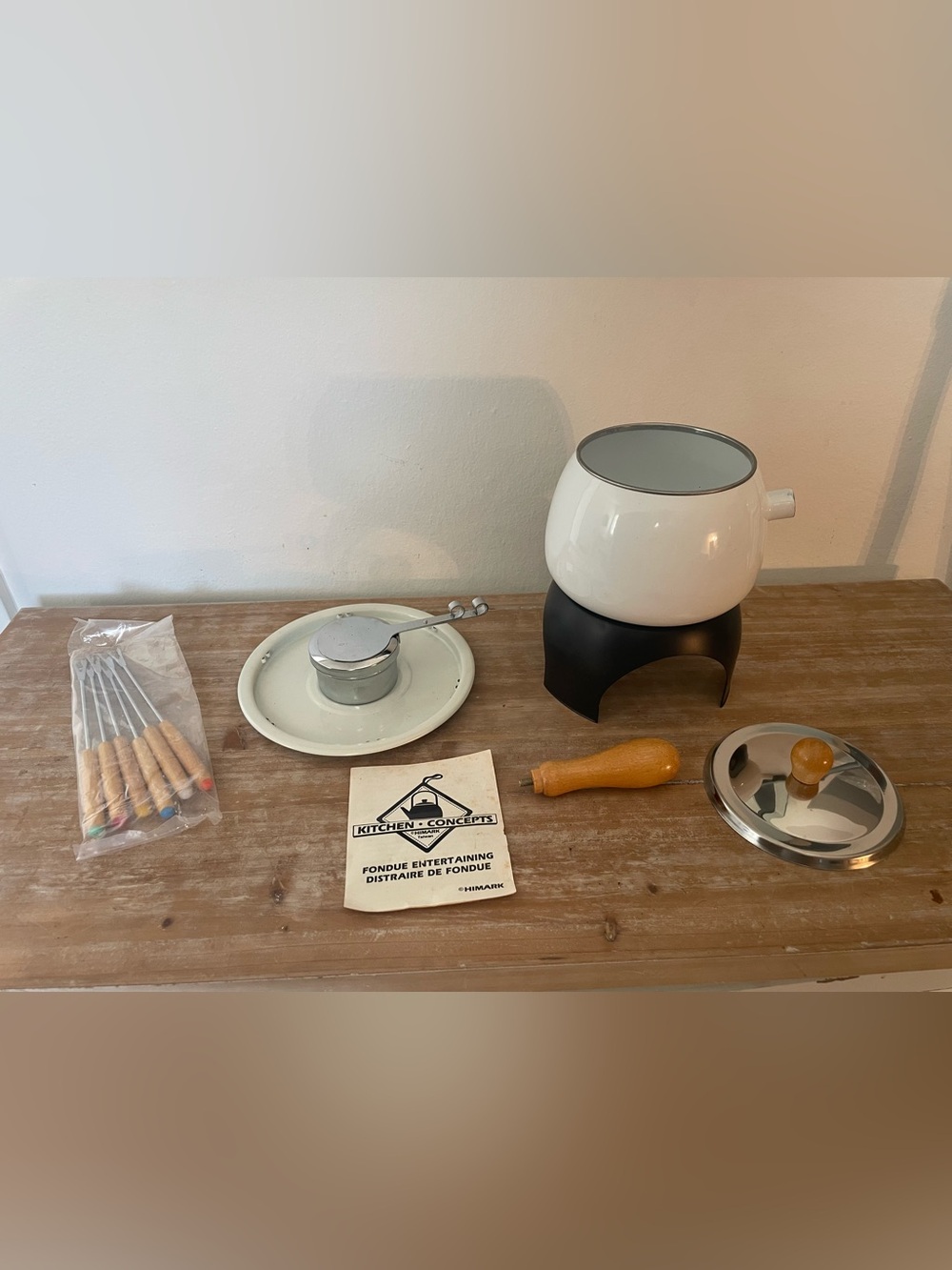 New Vintage White Enamel Fondue Set with Wooden Forks